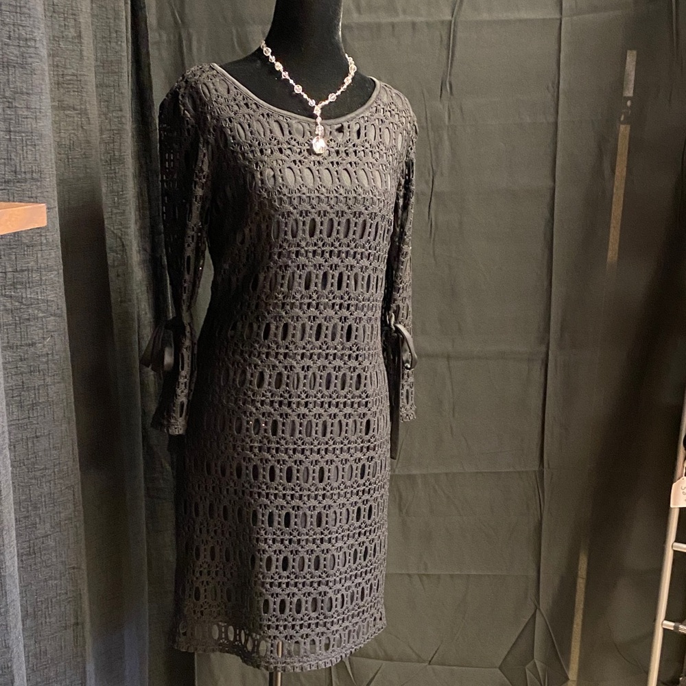 R&K Black Crochet Long Sleeve Tie-Sleeve Dress